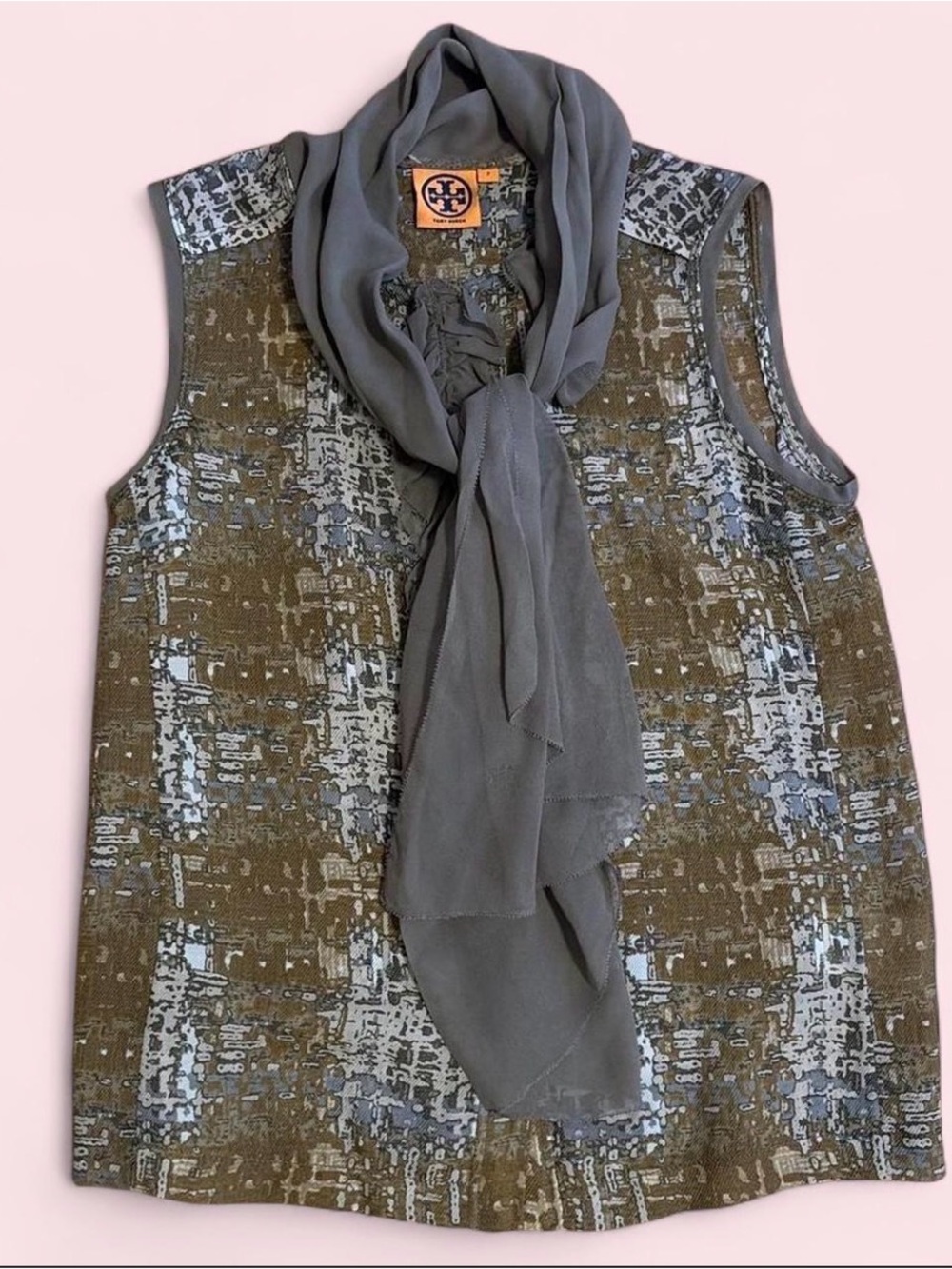 Tory Burch Olive and Gray Sleeveless Scarf-Neck Blouse